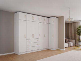 Vente-unique - Eckkleiderschrank mit 6 Türen & 3 Schubladen + Aufsätze - 311 cm - Weiß - LIZANDRO