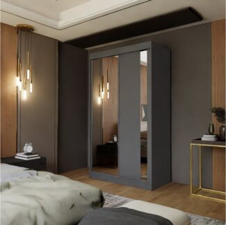 Beautysofa Schwebetürenschrank Gaja 120 cm (modernes 2-türig Schrank, weiß, schwarz, graphit, artisan Farbe) Schwebetüren mit Spiegel, Schubladen und Kleiderstange