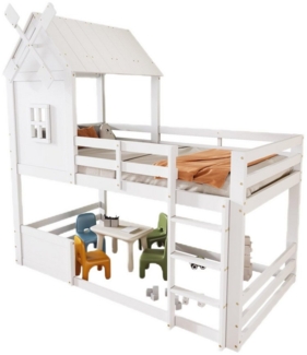 TavilaEcon Etagenbett Kinderbett Hausbett mit Windmühle, Dach und Fenster, dreistufiger Leiter, Kiefer+MDF, Weiß, 90x200cm