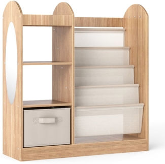 Kinder Bücherregal mit Ganzkörperspiegel Spielzeugaufbewahrungsorganizer mit 4-lagigen Sling-Regalen Natur