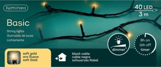 Lumineo LED-Lichterkette Lumineo Lichterkette BASIC 40 LED 3 m Soft Gold, schwarzes Kabel, Indoor/Outdoor, dimmbar, 8h-Timer, 5 m Zuleitung