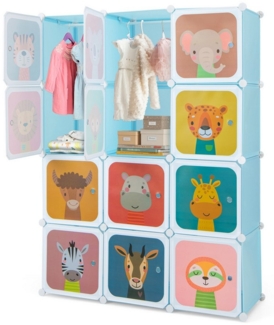 COSTWAY Kinderkleiderschrank mit 2 Kleiderstängen und 12 Würfeln, erweiterbar