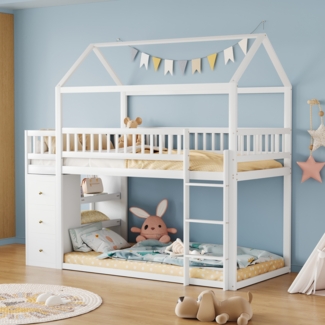 Merax Etagen-Kinderbett 90 * 200 cm, Hausform, Sicherheitszaun-Design, Mit Aufbewahrungskommode und Regalen, Niedriges Hochbett mit Leiter, Massivholzrahmen, Weiß