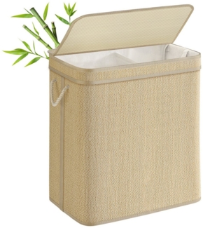 SONGMICS Wäschekorb 2 Fächer, Wäschesammler Bambus, 130 Liter, Wäschesack herausnehmbar und maschinenwaschbar, mit Deckel, Griffe, für Waschküche, Schlafzimmer, Wohnzimmer, naturfarben LCBDE068Y01