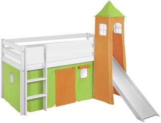 Lilokids 'Jelle' Spielbett 90x190 cm, Grün Orange, Kiefer massiv, mit Turm, Rutsche und Vorhang