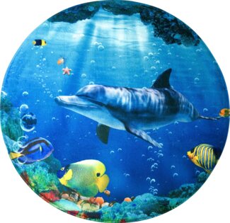 Sanilo Schaum-Badematte Delphin Korallen, Höhe 15 mm, Memory Schaum, rutschhemmend beschichtet, fußbodenheizungsgeeignet, schnell trocknend, strapazierfähig, rund, super weich, kräftige Farben, rutschhemmend, waschbar, Ø80cm