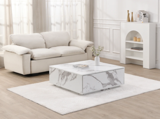 Vente-unique - Couchtisch mit 2 Schubladen - MDF - Marmor-Optik Weiß - ANTRIM von Pascal Morabito