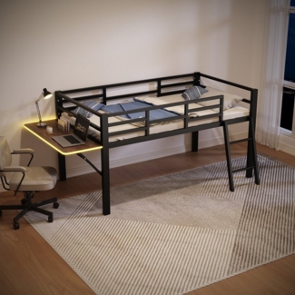 Flieks Hochbett Metallbett Kinderbett 90x200cm mit LED Klapp-Schreibtisch und Leiter