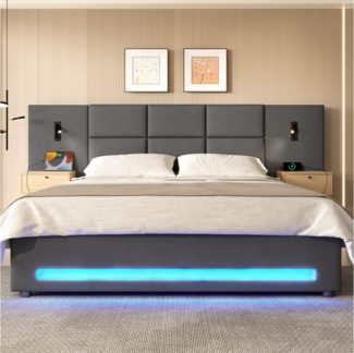 STILVORA Polsterbett 180X200 mit Bettkasten,Jugendbett Bettgestell mit LED,USB&Schubladen (mit Samtkopfteil, LED-Nachtlicht, USB-C-Ladeanschluss, großen Stauschubladen und hydraulischem Bettkasten, 180x200cm), ohne Matratze