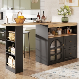 Ausziehbares Sideboard Stehtisch 138–204 cm, 360° drehbar mit Bogentür Glas, 2 Schubladen, Snackregal, flexibel nutzbar