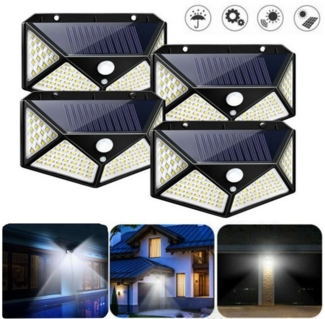 LETGOSPT LED Solarleuchte 4x Solarleuchte 100 LEDs Wandleuchte mit Bewegungsmelder Außenlampe, LED fest integriert, IP65 Außenleuchte Gartenlampe Strahler Lampe Licht