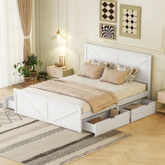 Merax Doppelbett 160x200 Einfaches Holzpritschenbett mit vier Schubladen, Weiß