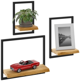 LAMO Manufaktur Wandregal Holz Set 3 St. 15/20/35cm Farbe: Rustikal, Rahmen: Schwarz, Schweberegal Massiv 100% Echtholz, Küchenregal Wand, Badezimmer Regal Hängend, Wandregal Wohnzimmer