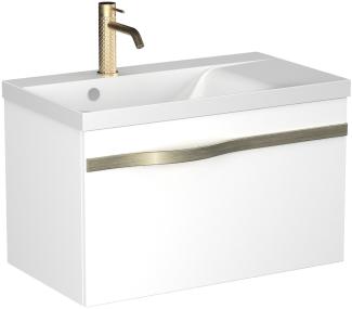 BADEDU FILS Waschbecken mit Unterschrank 69 cm breit, Weiß, Waschbecken Gussmarmor Weiß, Griff Silber