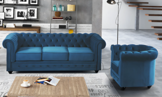Vente-unique - Couchgarnitur 3+1 - Samt - Grünblau - CHESTERFIELD