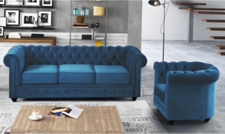 Vente-unique - Couchgarnitur 3+1 - Samt - Grünblau - CHESTERFIELD