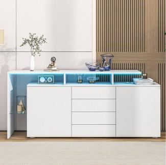 Merax Sideboard mit 4 Schubladen und 2 Türen, Kommode Hochganlz mit LED und Glasboden,Wohnzimmerschrank,Buffet