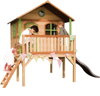 AXI Spielhaus Sophie mit grauer Rutsche Stelzenhaus in Braun & Grün aus FSC Holz für Kinder | Grau | Holz | 212 cm