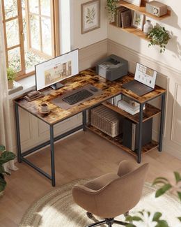 VASAGLE Schreibtisch Eckschreibtisch in L-Form, Computertisch mit Stauraum, Bürotisch, höhenverstellbare Ablage, für Homeoffice, 110/120 cm