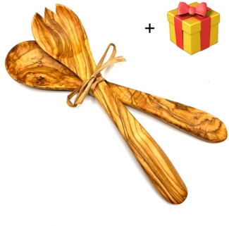 Olivenholz-erleben Salatbesteck Salatbesteck mittel mit Bastband (Set, 2-tlg, 1x Salatlöffel, 1x Salatgabel), Stilvoll Salate servieren – ein echter Blickfang auf dem Tisch.