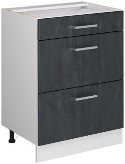 Vicco Schubladenunterschrank R-Line Schwarz Beton Weiß 60 cm mit Arbeitsplatte Weiß-Marmor