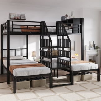 OKWISH Etagenbett Eisenbett Kinderbett (mit drei Schlafplätzen, Handlauf-Treppe & Stauraum oben, 90x200cm & 140x200cm), ohne Matratze