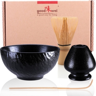 Goodwei Teeschale Matcha Tee Set "Rokku Kuro" mit Matchabesen, Matcha Schale,Besenhalter, Keramik