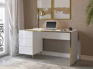 Vente-unique - Schreibtisch mit Schubladen - Weiß glänzend & Goldfarben - MARZIALO