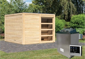 Karibu Saunahaus Cuben Gartensauna 3 Sitzbänke aus Holz Sauna mit 38 mm Wandstärke Außensauna mit Montagematerial