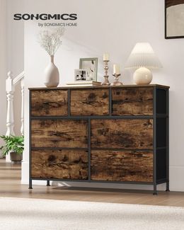 SONGMICS Kommode, Schrank, 7 Stoffschubladen, für Schlafzimmer, Flur, Wohnzimmer, braun-schwarz