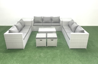 Fimous Gartenmöbel im Freien Polyrattan 11-Sitzer Garten Sofa Couchtisch Set mit 2 kleinen Hockern 2 Beistelltischen Hellgrau gemischt