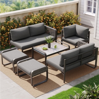 MODFU Sofa Garten-Lounge-Set,mit verzinktem Eisengestell, Garten-Lounge-Set für 6-7 Personen – Modernes Rattan-Möbelset mit ergonomischen Kissen und verzinktem Eisenrahmen, mit Relaxfunktion