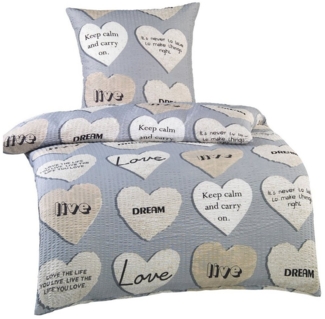 KH-Haushaltshandel Bettwäsche Seersucker Bettwäsche 135x200 +80x80cm, grau beige schwarz, Seersucker, 2 teilig, Herzen mit Schriftzügen(Love dream), bügelfrei
