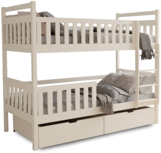 Deine Möbel 24 Etagenbett Hochbett Kinderbett MICO für 2 Kinder 80x180 90x200 Weiß Beige (Matratzen optional, 2-St, Bett, mit Lattenrost, Rausfallschutz, 2 Schubladen und Leiter), aus Massivholz Vollholz, in 2 Kinderbetten umbaubar