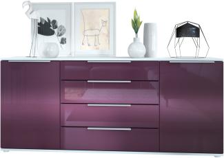 Vladon Sideboard Linio V2 166,5 x 72,5 x 35 cm Anrichte mit 2 Türen und 4 Schubladen, Korpus in Weiß matt, Fronten in Brombeer Hochglanz