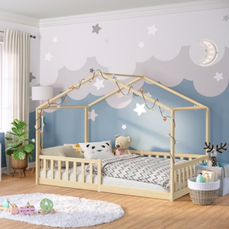 Bellabino 'Bia' Hausbett 120x200 cm mit Matratze, natur, Kiefer Massivholz, Bodenbett in Hausoptik, Montessori Kinderbett mit Rausfallschutz und Lattenrost