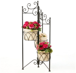 Spetebo Blumenständer Metall Pflanzenständer klappbar schwarz - 75 x 35 (Stück, 1 St, Klappbarer Blumenständer), Blumentreppe mit 3 Korb Ablagen