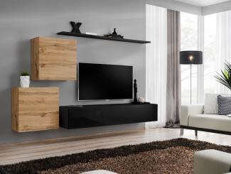 Hängende Wohnwand Switch V in Wotan und Schwarz 250 x 150 cm 4-teilig