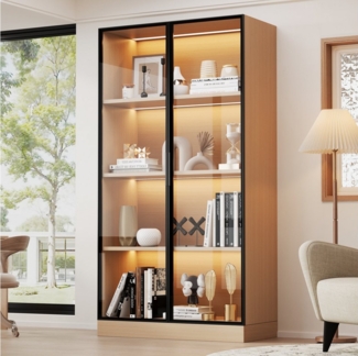 MODFU Vitrine Staubgeschützte Glasvitrine (Bücherregal, Hochschrank, 1-St, warmgelber Lichtleiste) mit gehärteter Glastür, Aluminium-Türrahmen