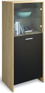 Domando Vitrine Matera skandinvisch moderne Glasvitrine, Vitrinenschrank für Wohnzimmer, Soft-Close Scharnier gebürstete Aluminiumgriffe 53 x 120 x 36 cm Eiche Classic und Schwarz matt rechtsöffnend