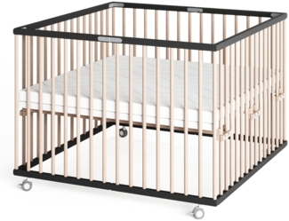 Sämann Laufstall faltbar Baby 100x100 cm mit Matratze | stufenlos höhenverstellbar | Laufgitter Premium | Babybett aus Holz | Krabbelgitter schwarz/natur