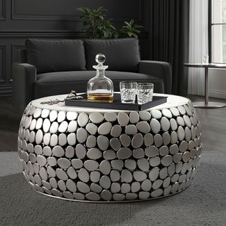 FINEBUY Couchtisch FB73730 Couchtisch rund Aluminium silber 66cm Marmor Wohnzimmertisch (Eleganter Blickfang für stilvolle Wohnräume), Hochwertige Materialien mit besonderer Form