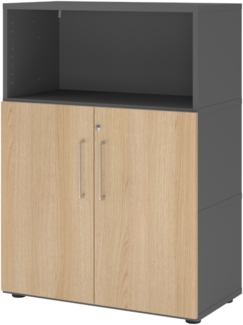 bümö flexi Aktenschrank abschließbar mit Flügeltüren & 1 Regalfach in Graphit/Eiche, Büroschrank mit werkzeuglosem Schnellmontage-Klicksysten in modularer Bauweise, FW38T2KG-G-E-BS