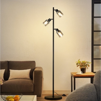 ZMH Stehlampe 3 Flammig aus Glas E14 Fassung Metall Leselampe für Schlafzimmer Flur, Einfache Installation, ohne Leuchtmittel, Schwarz Vintage Schwenkbar 350° Standleuchte