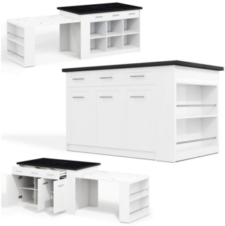 MC Star Küchenwagen Multifunktionale Kücheninsel mit 150cm+96cm, weißer ausziehbarer, (marmorierte Holzarbeitsplatte/Tisch, integrierte Stauschränke, ideal für Familienküchen)