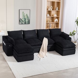 Flieks Modulares 4-Sitzer Cordsofa, mit 2 Hocker, Kissen & Seitentaschen, 3‑lagiger Schaumstoff + Federkern, Schwarz