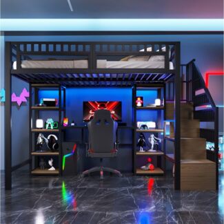 MODFU Kinderbett Metallrahmen mit Schreibtisch, Ablagefach und Stauraum-Leiter (Jugendbett, LED-Beleuchtung & USB-Anschluss inklusive, Metallbett 140x200 cm), ohne Matratze