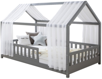 Ticaa Hausbett Kim mit Rausfallschutz aus Kiefer, Kinderbett 100x200, inkl. Tüll-Set, mit Rollrost