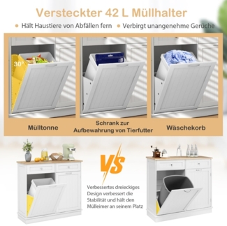 Ausklappbarer Mülleimerschrank mit verstecktem 42-Liter-Müllbehälter haustiersicherer Recyclingschrank Weiß