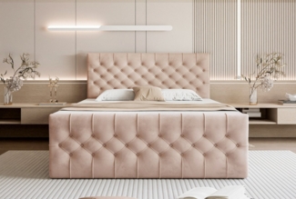 Goldstoff Boxspringbett TAURIEL mit Federkernmatratze & Topper, zwei Bettkästen (von 120 bis 200x200 cm), modernes Doppelbett aus Velvet Stoff mit edlem Kopfteil